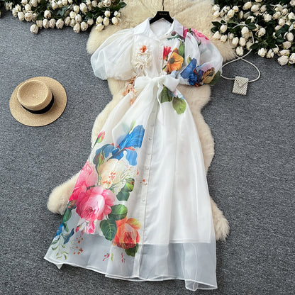 【ワンピース】着るだけで上品見え✨フレンチ風 半袖 ワンピース バインディング ウエスト 立体花モチーフ ランタンスリーブ メッシュ ロング丈【SHシリーズ】