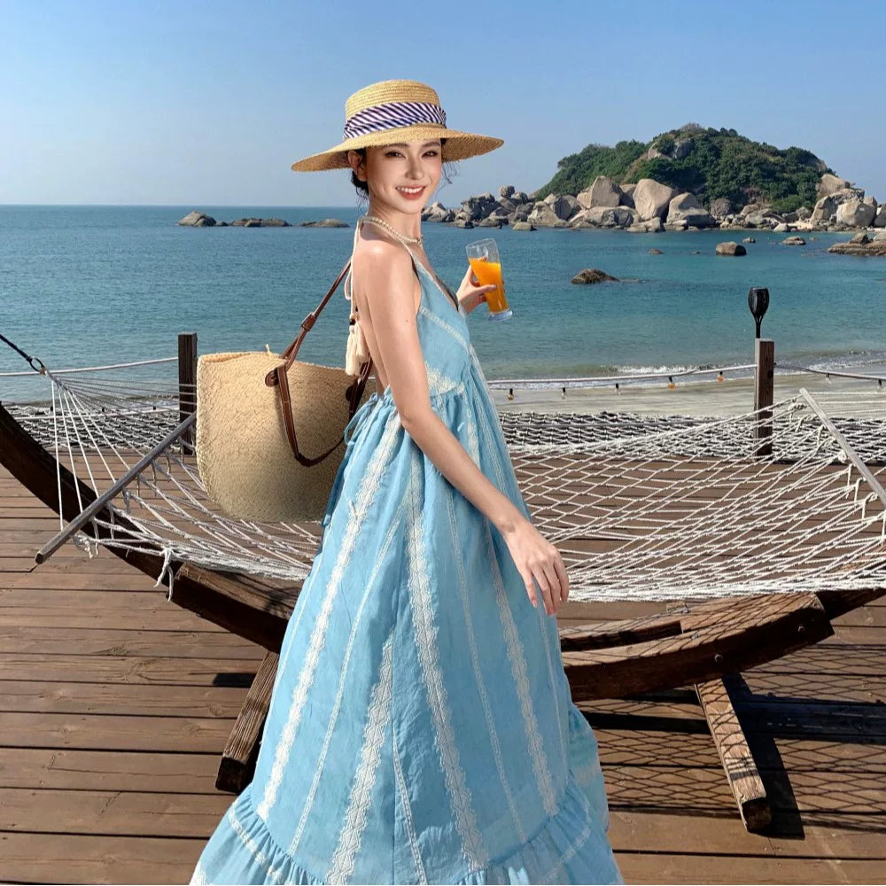 【ワンピース】リゾート風 ライトブルー 刺繍ワンピース レディース 夏 ホルターネック ノースリーブ ロング丈 バックオープン 大人上品【SHシリーズ】
