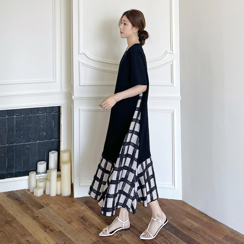 【ワンピース】☀️夏 新作 大きいサイズ レディース チェック柄 重ね着風 半袖ワンピース ゆったり 体型カバー【SHシリーズ】