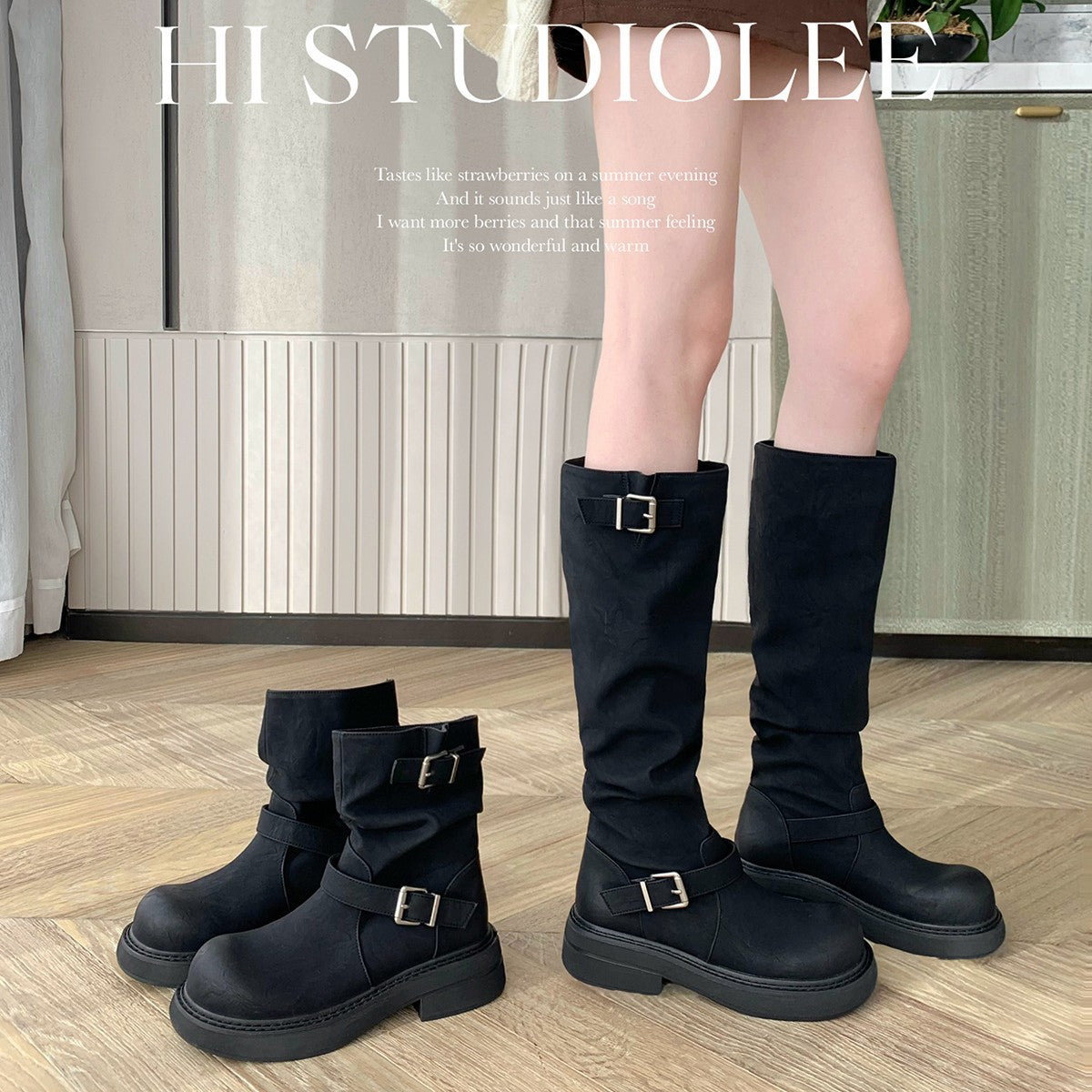 【シューズ】2丈タイプ レトロ丸トゥ 太ヒール ベルト ミドルライダーブーツ