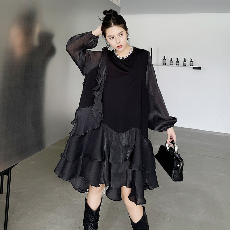 【ワンピース】春 秋 冬 オーガンジー切替 ゆったり ティアード ワンピース 【AHシリーズ】