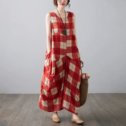 【ワンピース】レトロ風 ノースリーブ チェックワンピース レディース 夏 ロング丈 ゆったりシルエット ナチュラル【JZシリーズ】