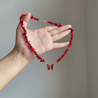 【🎁 B2G1｜先行スタート！】【グッズ】レッドコーラルチップネックレス｜中古｜軽奢＆個性派｜高級感ある万能鎖骨チェーン レディース
