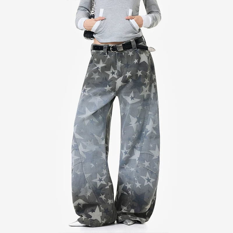 【ボトムス】アメリカンストリート スター総柄 ウォッシュ加工 カーブデニム レディース ワイドパンツ【FCシリーズ】