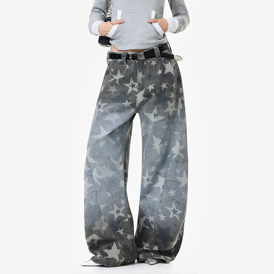 【ボトムス】アメリカンストリート スター総柄 ウォッシュ加工 カーブデニム レディース ワイドパンツ【FCシリーズ】