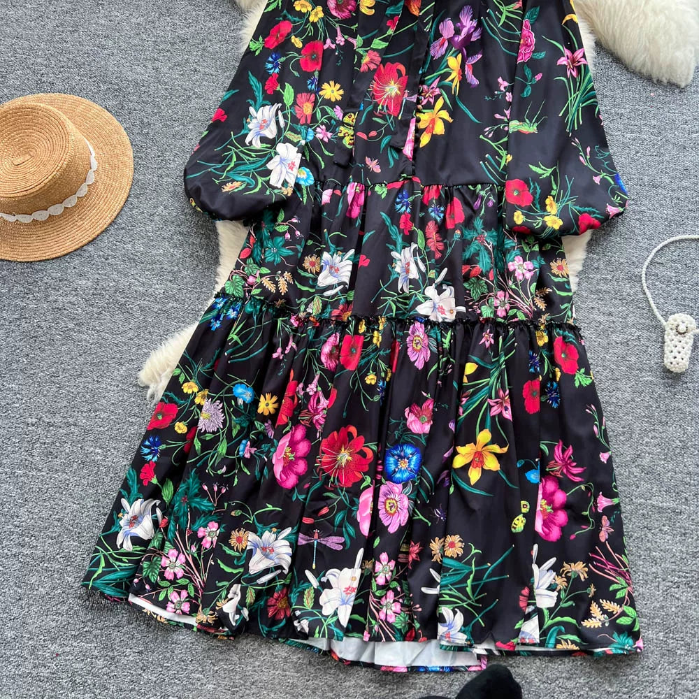 【60%OFF⭐️早い者勝ち】【ワンピース】クラシカル バルーンスリーブ フレンチ リボン付き 花柄 プリント 長袖 ワンピース【SHシリーズ】