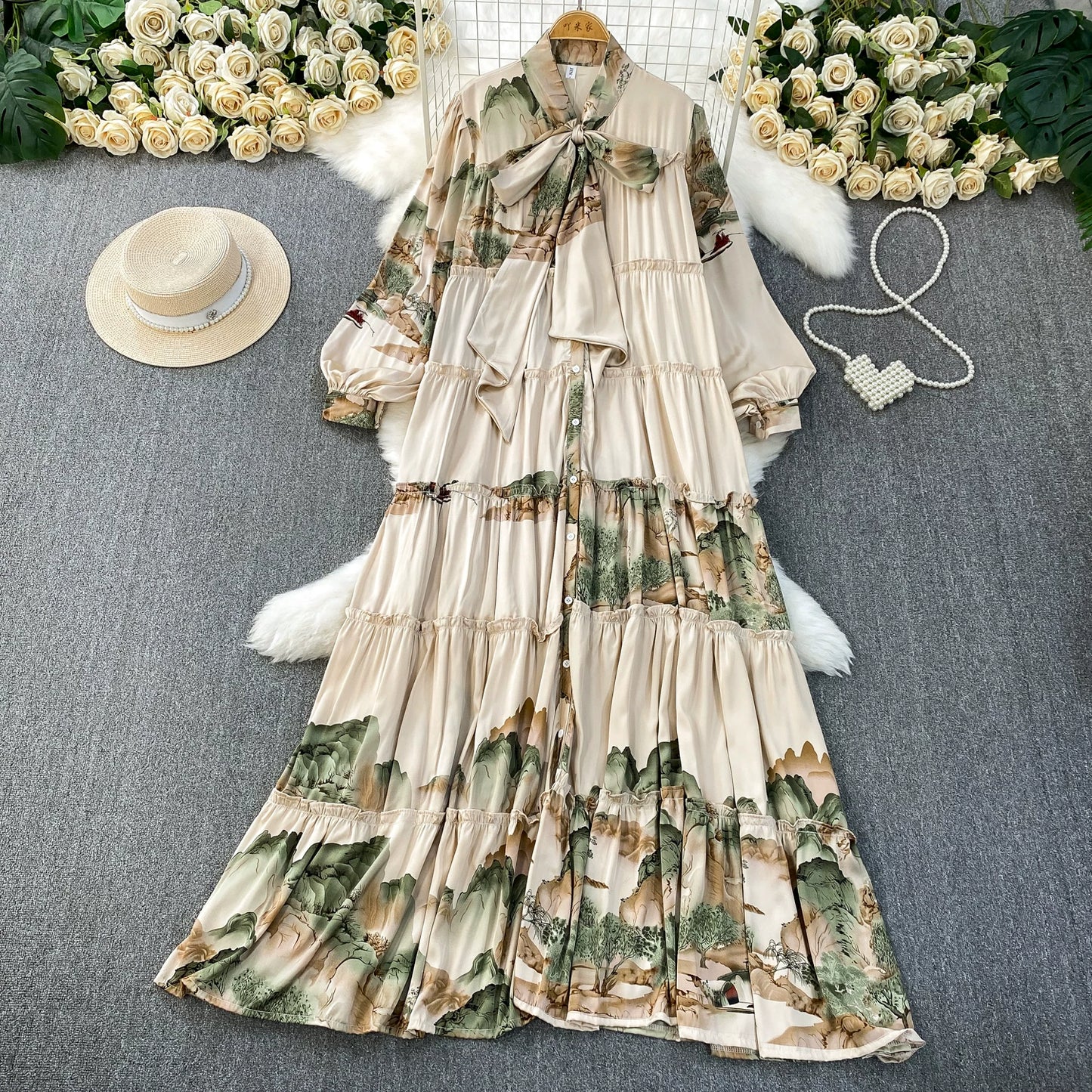 【ワンピース】プリントVネック お腹周りカバー フリル 長袖 ワンピース 【SHシリーズ】