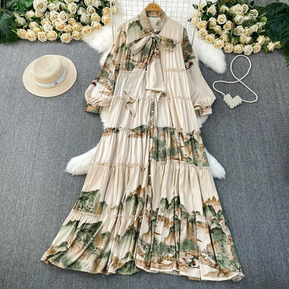 【ワンピース】プリントVネック お腹周りカバー フリル 長袖 ワンピース 【SHシリーズ】