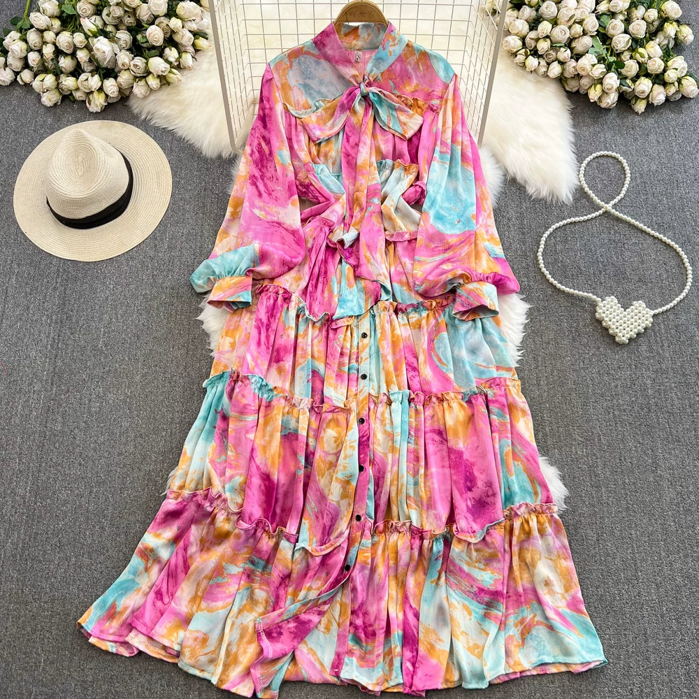 【ワンピース】シングルボタン プリント レディライク フレア 長袖 ワンピース 【SHシリーズ】