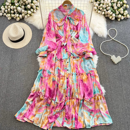 【ワンピース】シングルボタン プリント レディライク フレア 長袖 ワンピース 【SHシリーズ】