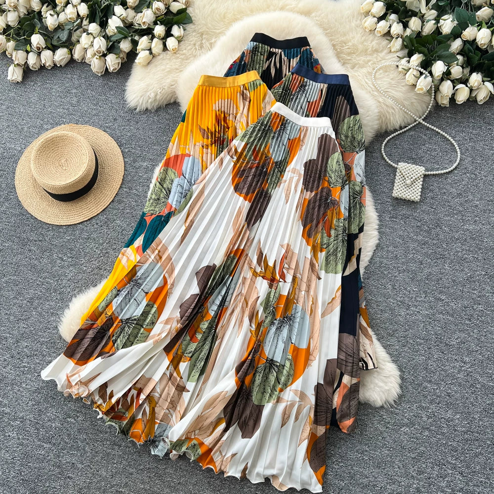 期間限定🍂60%OFF【ボトムス】レトロプリントプリーツAラインロングスカート レディース 夏新作 ハイウエスト ウエストゴム 落ち感 フレア 通勤【SHシリーズ】