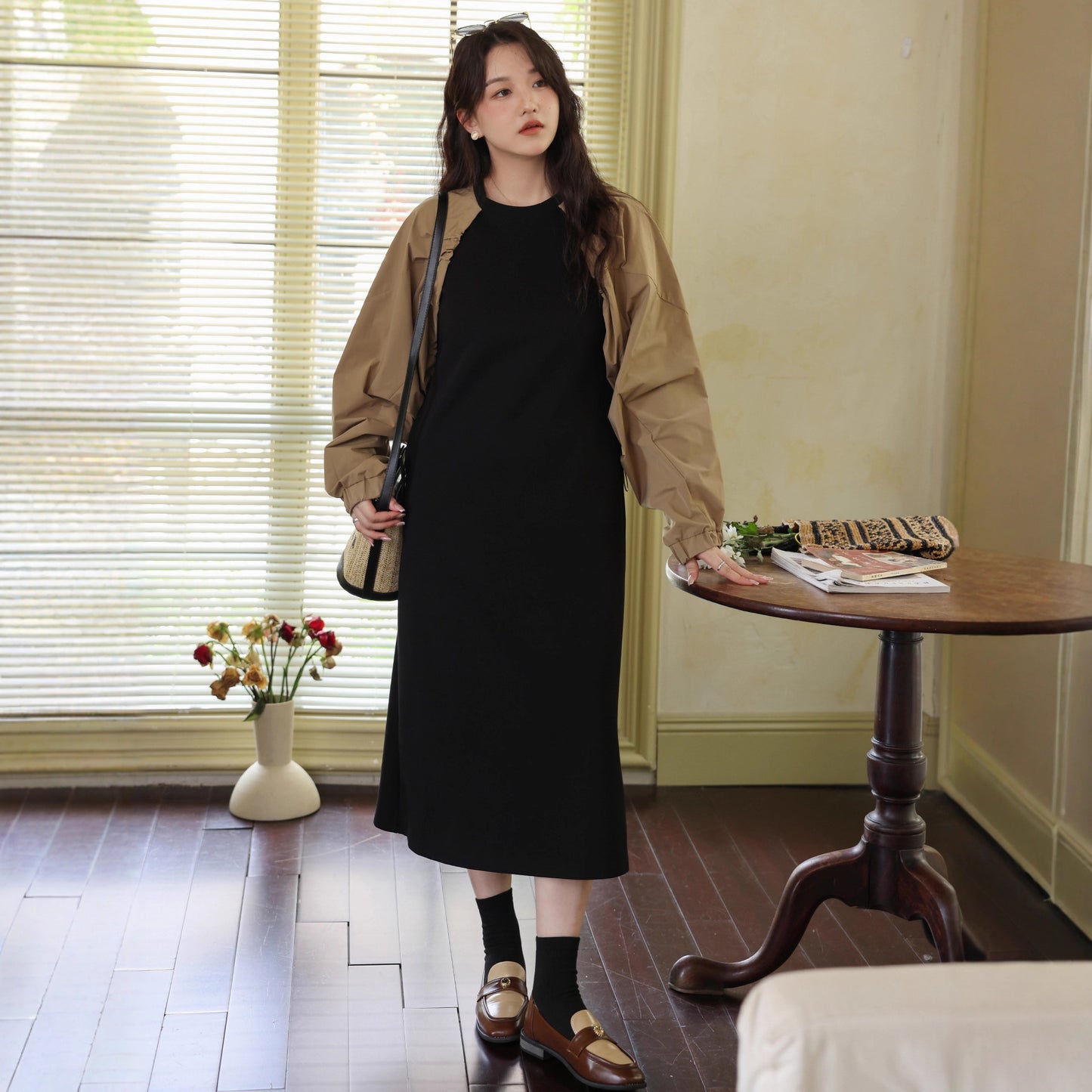 【ワンピース】フレンチ配色 ゆったり 長袖ワンピース 体型カバー 個性派ドッキング風