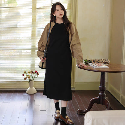 【ワンピース】フレンチ配色 ゆったり 長袖ワンピース 体型カバー 個性派ドッキング風