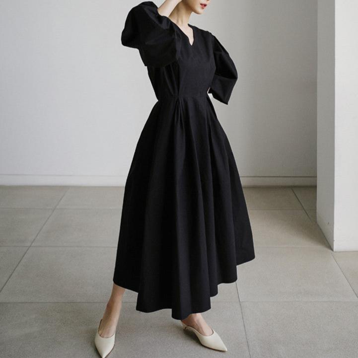 【ワンピース】春秋 ゆったり プラスサイズ Vネック ランタンスリーブ 長袖ワンピース