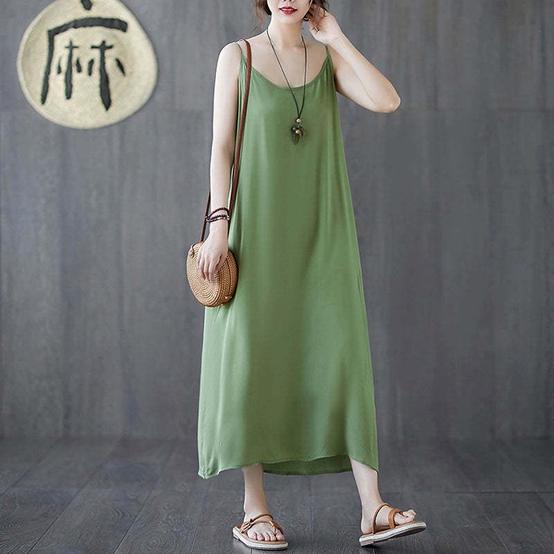 【ワンピース】夏新作 文芸系シンプル 無地キャミソールワンピース ゆったりロング丈 インナーとしても活躍