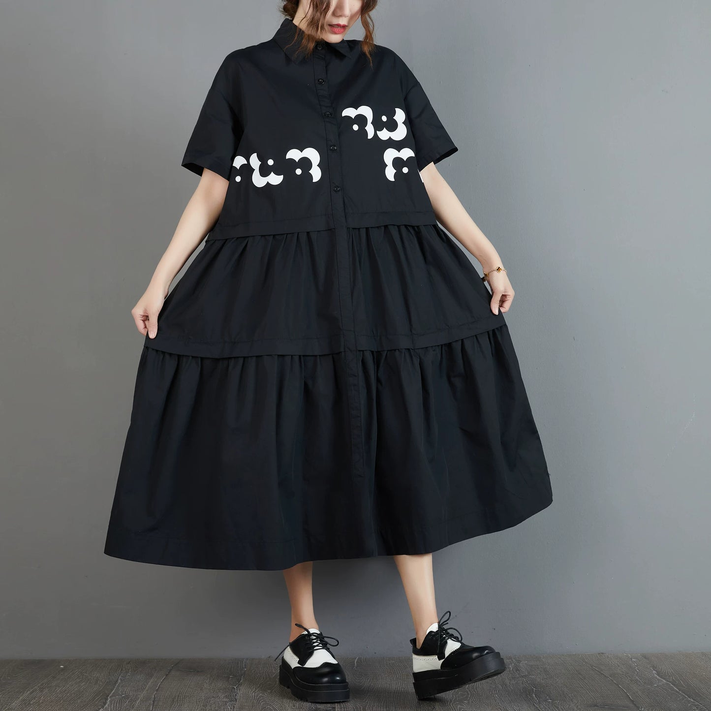 【ワンピース】大きいサイズ レディース 夏 ブラックワンピース シャツワンピース 半袖 ウエスト切替 ゆったり 美シルエット【JZシリーズ】