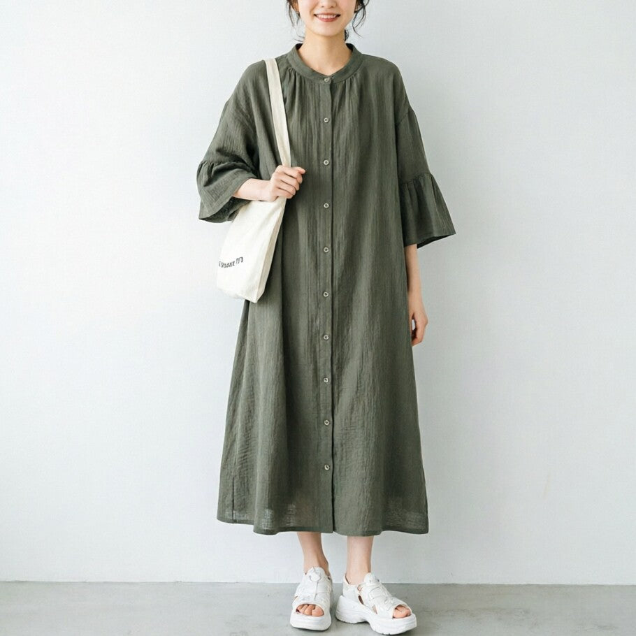 期間限定⭐️60%OFF【ワンピース】フレアスリーブ 無地 ゆったり シャツロング ワンピース  【JZシリーズ】