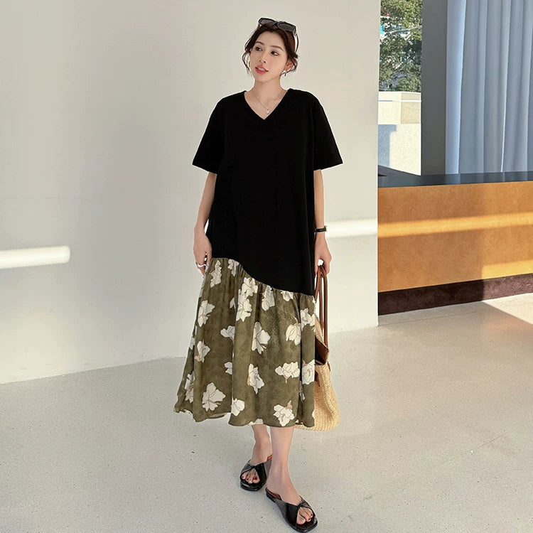 【ワンピース】Vネック 体型カバー ティアード 切り替えデザイン 長袖 ワンピース 【SHシリーズ】