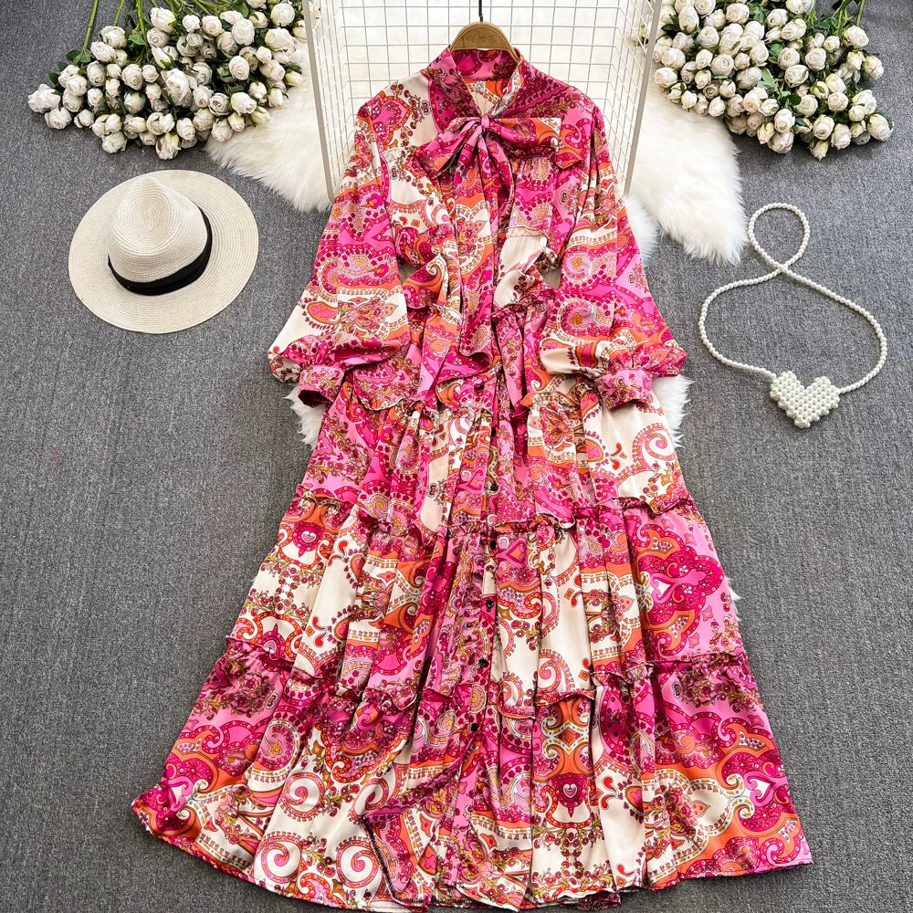 【ワンピース】シングルボタン プリント レディライク フレア 長袖 ワンピース 【SHシリーズ】