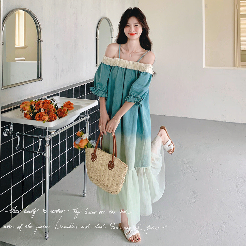 【ワンピース】夏 フレンチ温柔風 スウィート オフショルダーグラデーション 半袖ワンピース【SHシリーズ】