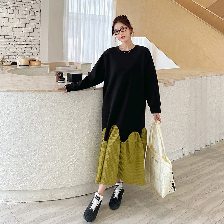 【ワンピース】秋冬切替Aライン 大きいサイズ 体型カバー フリル裾 厚手 長袖ワンピース【JZシリーズ】