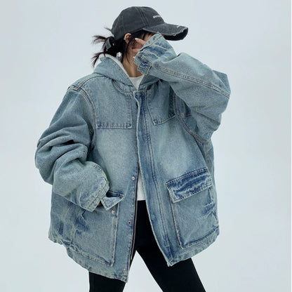 【アウター】韓国系 ヘビーウェイト ニッチ ダメージ加工 デニム ゆったり 綿入れコート【FCシリーズ】