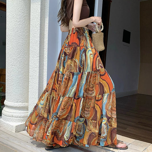 【ボトムス】リゾート花柄シフォンスカート レディース 夏 ティアードロングスカート ハイウエスト ふんわり揺れる フェミニン【SHシリーズ】