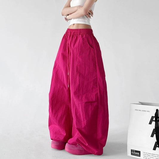 【ボトムス】美脚効果! 多幸感 ドーパミンカラー ローズレッド ワイドパンツ レディース ハイウエスト ストレート ルーズシルエット カジュアルパンツ【FCシリーズ】