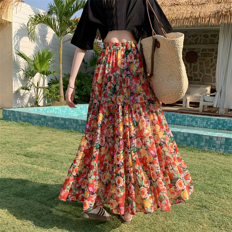 【ボトムス】ボヘミアン風 フレンチ油絵 プリント 大振裾 スカート 【SHシリーズ】