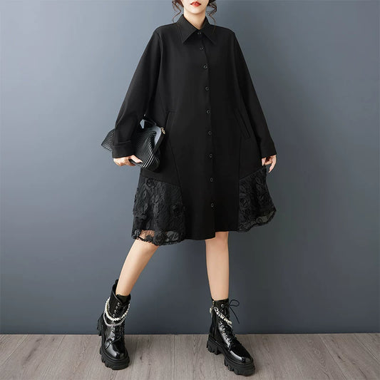 【ワンピース】春新作 デザイン感立体フラワー レース切り替え アシンメトリー 襟付き 長袖ワンピース 上品フェミニン 大人きれいめ【AHシリーズ】