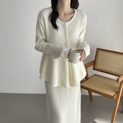 【セットアップ】春 秋 冬 ニットカーディガン + フロア丈 ロングスカート 2点上下セット 【SNシリーズ】