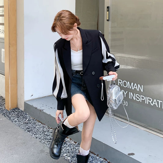 【アウター】気品あふれるシンプルでエレガント❤️スタイリッシュなストライプカラーコンビ ランプ袖 スーツジャケット レディース 春秋 韓国系【JZシリーズ】