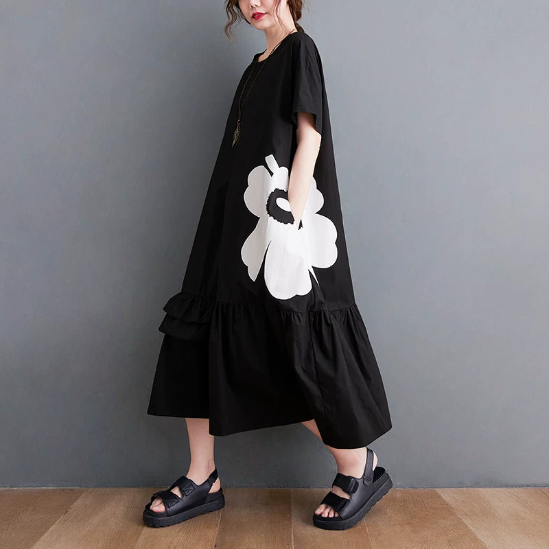 【ワンピース】大きいサイズ 花柄ワンピース レディース 夏 フリル切替 ゆったり フレア ミディ丈 体型カバー【AHシリーズ】