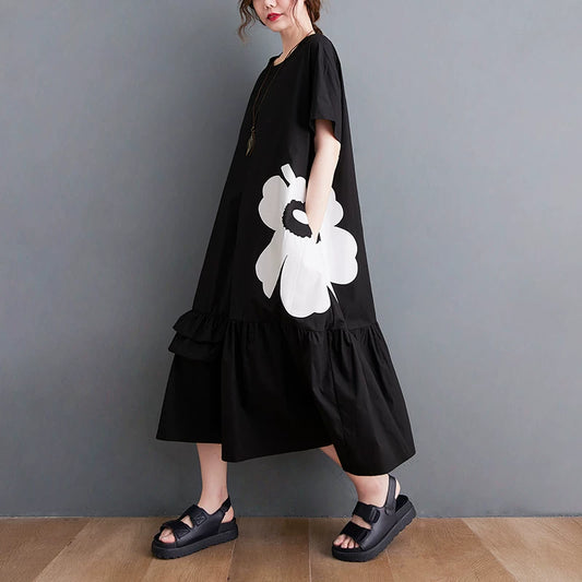 【ワンピース】大きいサイズ 花柄ワンピース レディース 夏 フリル切替 ゆったり フレア ミディ丈 体型カバー【AHシリーズ】