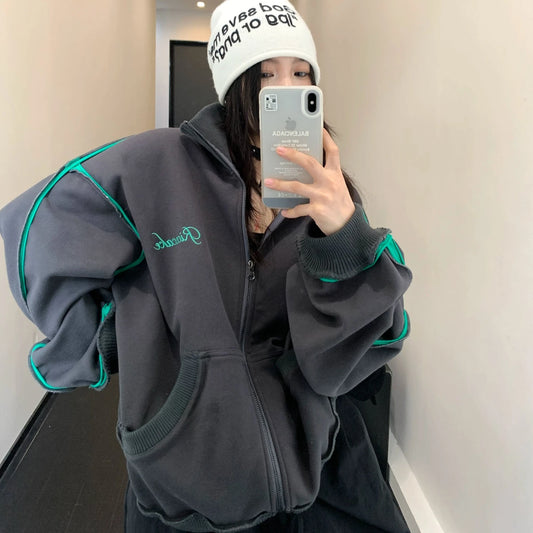 【アウター】レトロ 春秋 oversize 刺繍 パーカージャケット【FCシリーズ】