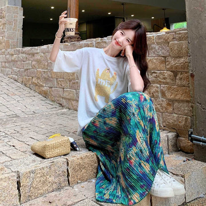 2点セット！【セットアップ】夏 カジュアル Tシャツ＋ 油絵プリント グラデーションスカート上下セット【SHシリーズ】