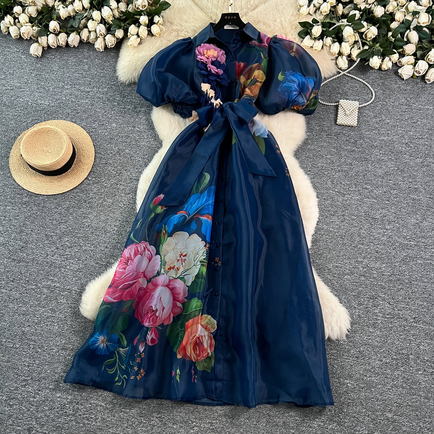 【ワンピース】着るだけで上品見え✨フレンチ風 半袖 ワンピース バインディング ウエスト 立体花モチーフ ランタンスリーブ メッシュ ロング丈【SHシリーズ】