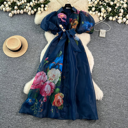 【ワンピース】着るだけで上品見え✨フレンチ風 半袖 ワンピース バインディング ウエスト 立体花モチーフ ランタンスリーブ メッシュ ロング丈【SHシリーズ】