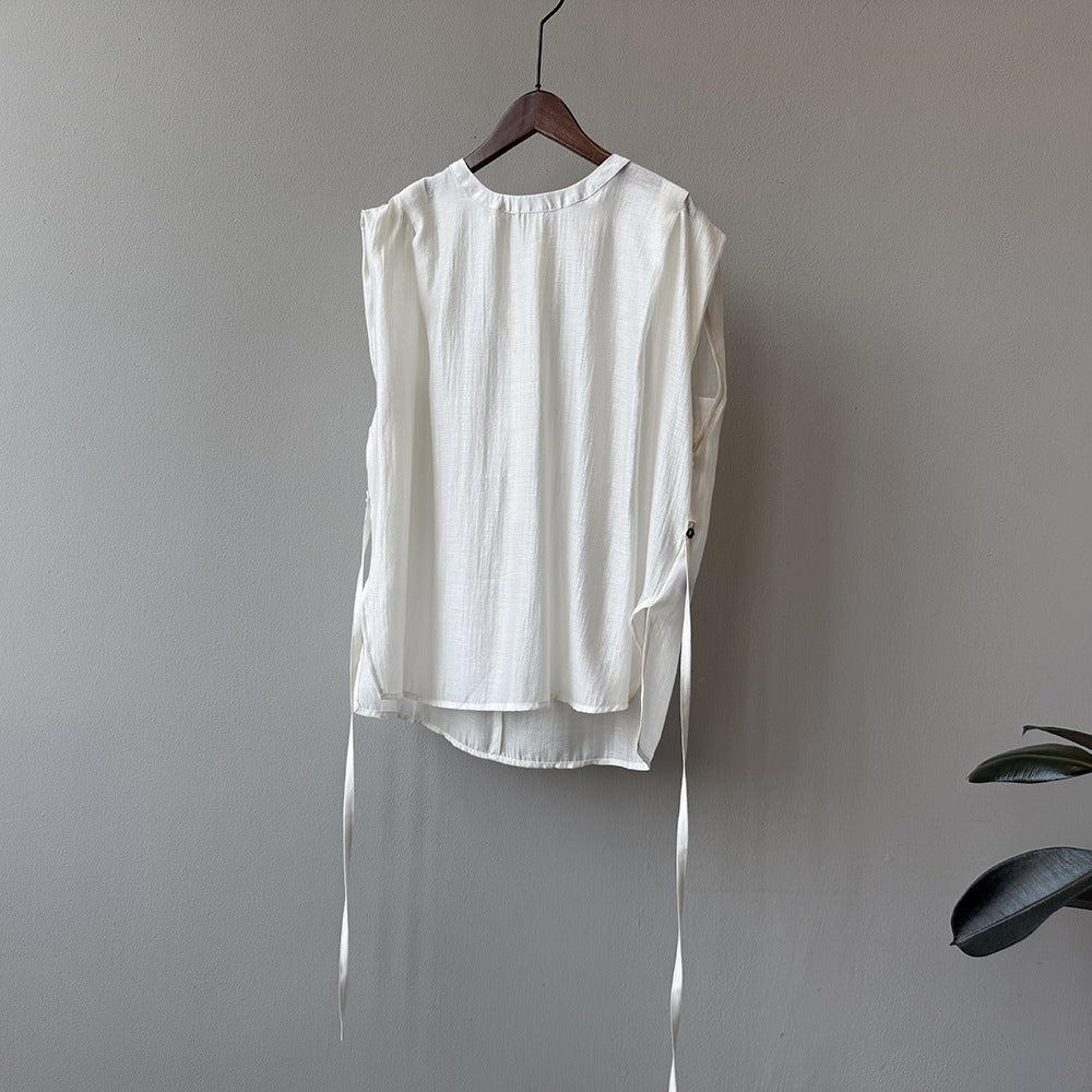 【トップス】夏 バックボタンデザイン ラウンドネック プルオーバー ノースリーブテンセルシャツ【JZシリーズ】