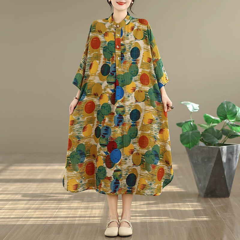 期間限定⭐️60%OFF【ワンピース】コットンリネン プリント 立ち襟 花柄 7分袖 ワンピース 【SHシリーズ】