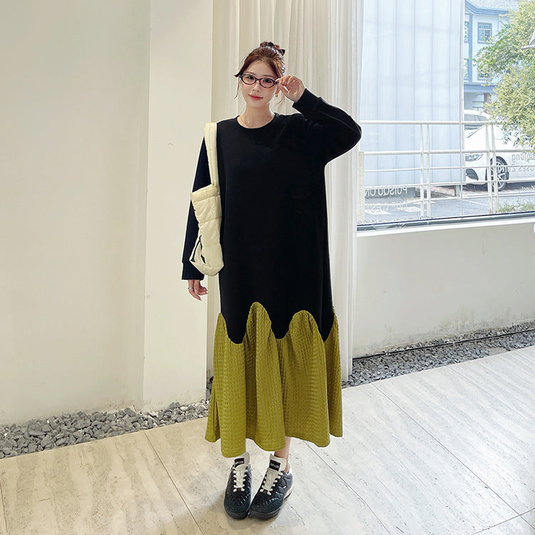 【ワンピース】秋冬切替Aライン 大きいサイズ 体型カバー フリル裾 厚手 長袖ワンピース【JZシリーズ】