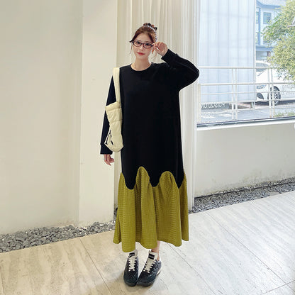 【ワンピース】秋冬切替Aライン 大きいサイズ 体型カバー フリル裾 厚手 長袖ワンピース【JZシリーズ】