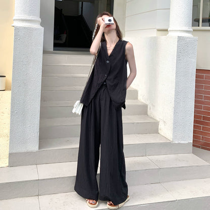 2点セット！【セットアップ】通勤＆デイリー兼用 バックレスデザイン ジレ＋ワイドパンツ 上下セット【JZシリーズ】【SNシリーズ】