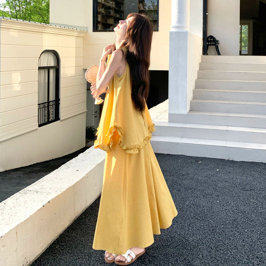 2点セット！【セットアップ】個性的なデザイン フリル 切り替え ノースリーブ トップス＋スカート ガーリー 若見え 上下セットアップ【JZシリーズ】