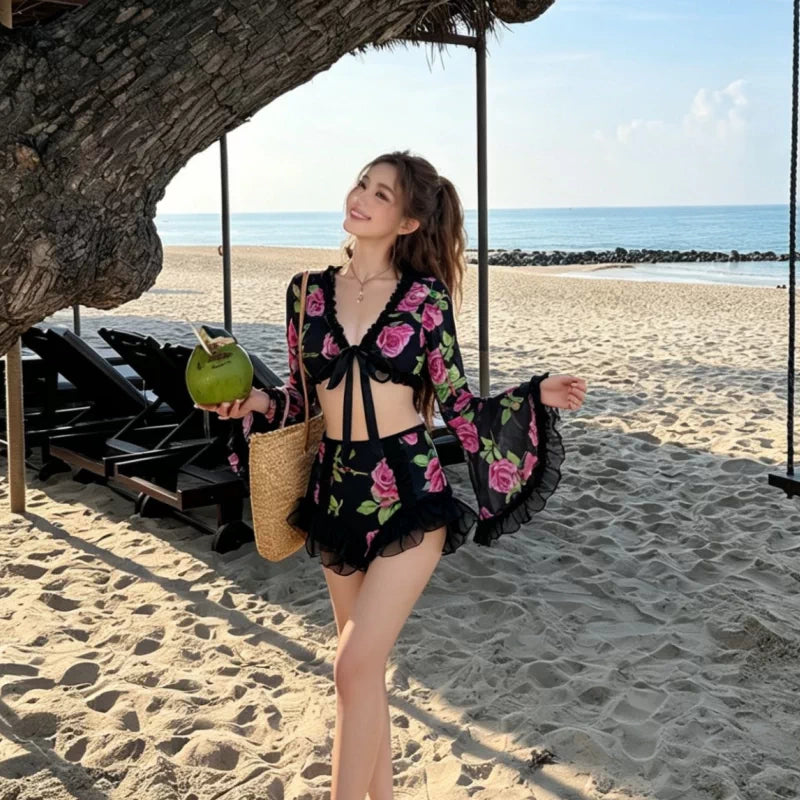 【インナー】ローズ柄ビキニ レディース 長袖水着 深Vネック セパレート リゾート【SHシリーズ】