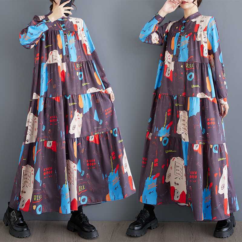 [洋裝] 春秋冬新款印花大尺碼百搭長袖洋裝【SH系列】