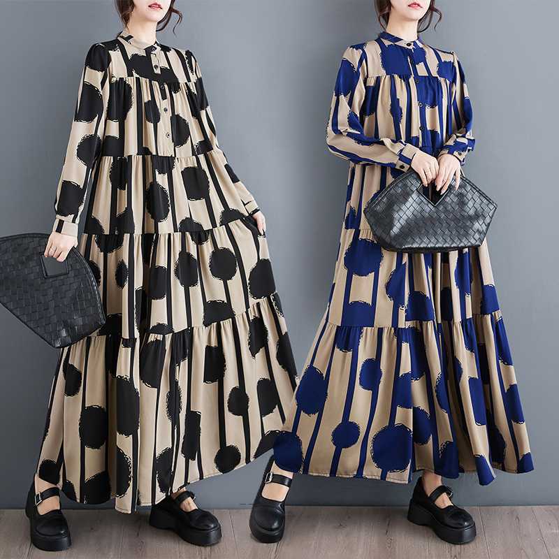 【ワンピース】ドット プリント フレア 春 秋 冬 長袖 ワンピース 【SHシリーズ】