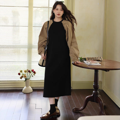 【ワンピース】フレンチ配色 ゆったり 長袖ワンピース 体型カバー 個性派ドッキング風