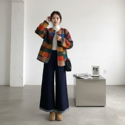 【セットアップ】春 秋 冬 チェック柄 ジャケット +  ワイドパンツ 2点上下セット 【JZシリーズ】