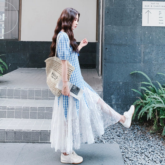 【ワンピース】日系ガーリー チェック柄×レース 半袖 切り替え マーメイドワンピース【SHシリーズ】